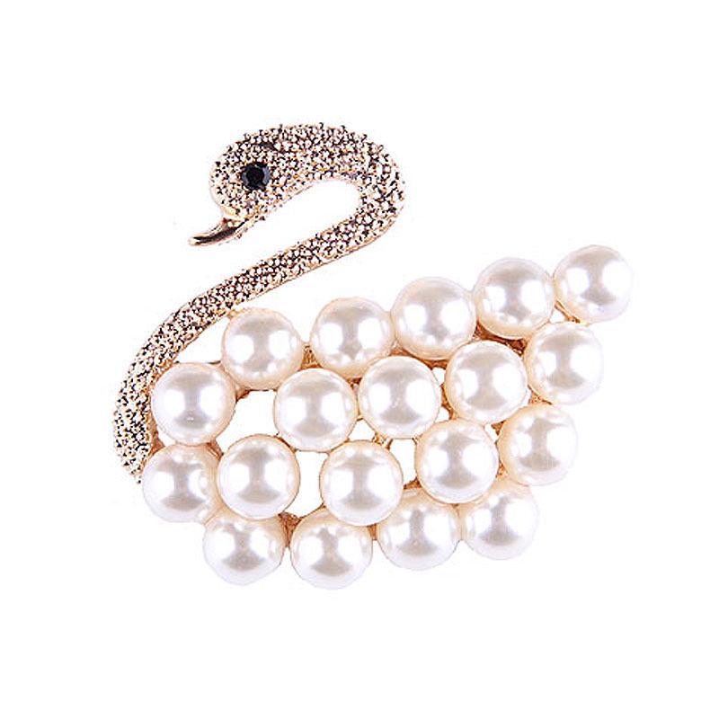 Lanhao Hot-Selling Pearl Swan Rhinestone Flower Brooch - Japanese & Korean Fashion Accessories for Women