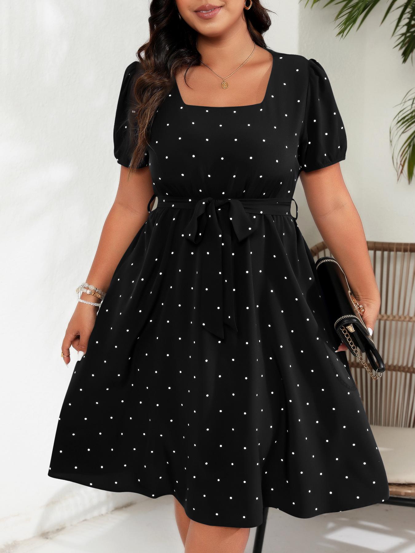 Women s Square Neck Short Sleeve A Line Dress with Waist Bow Tie, Multiple Colors 0XL чёрный