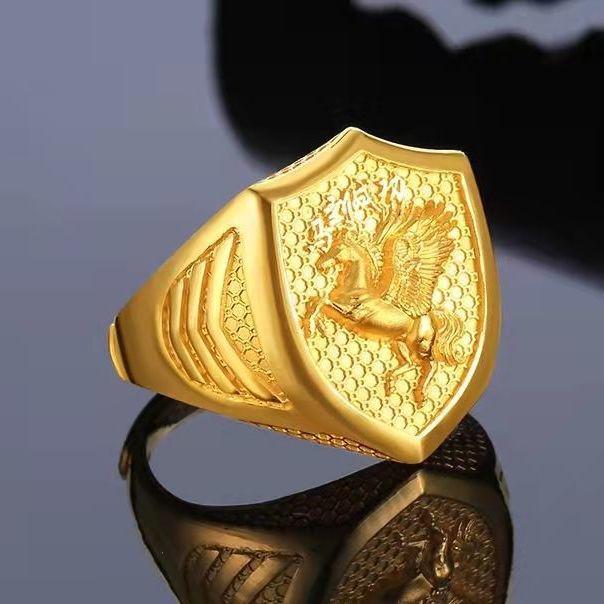 Vietnamese Sand Gold Men's Copper Gold-Plated Ring with Jade Fortune Design