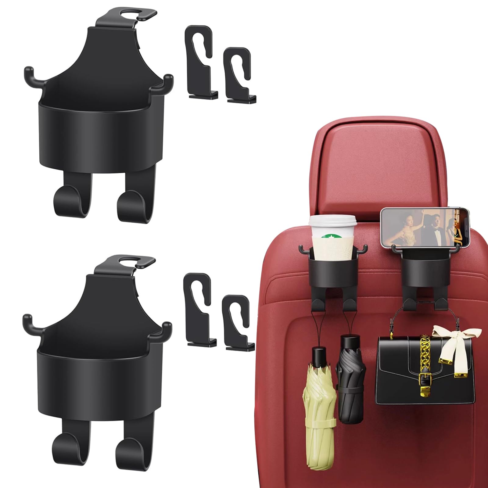 

Doyeemei Держатель для напитков для заднего сиденья, вмещает 2 подголовника, удобные автомобильные черные сиденья, стаканы, крючки для автомобиля, аксессуары, чёрный