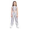 Mädchen Jazz Dance Crop Top Stehkragen Ärmellos Verdeckter Reißverschluss Hinten Pailletten Metallisches Patchwork Rüschen mit Glänzender Hose für Bühnenauftritt