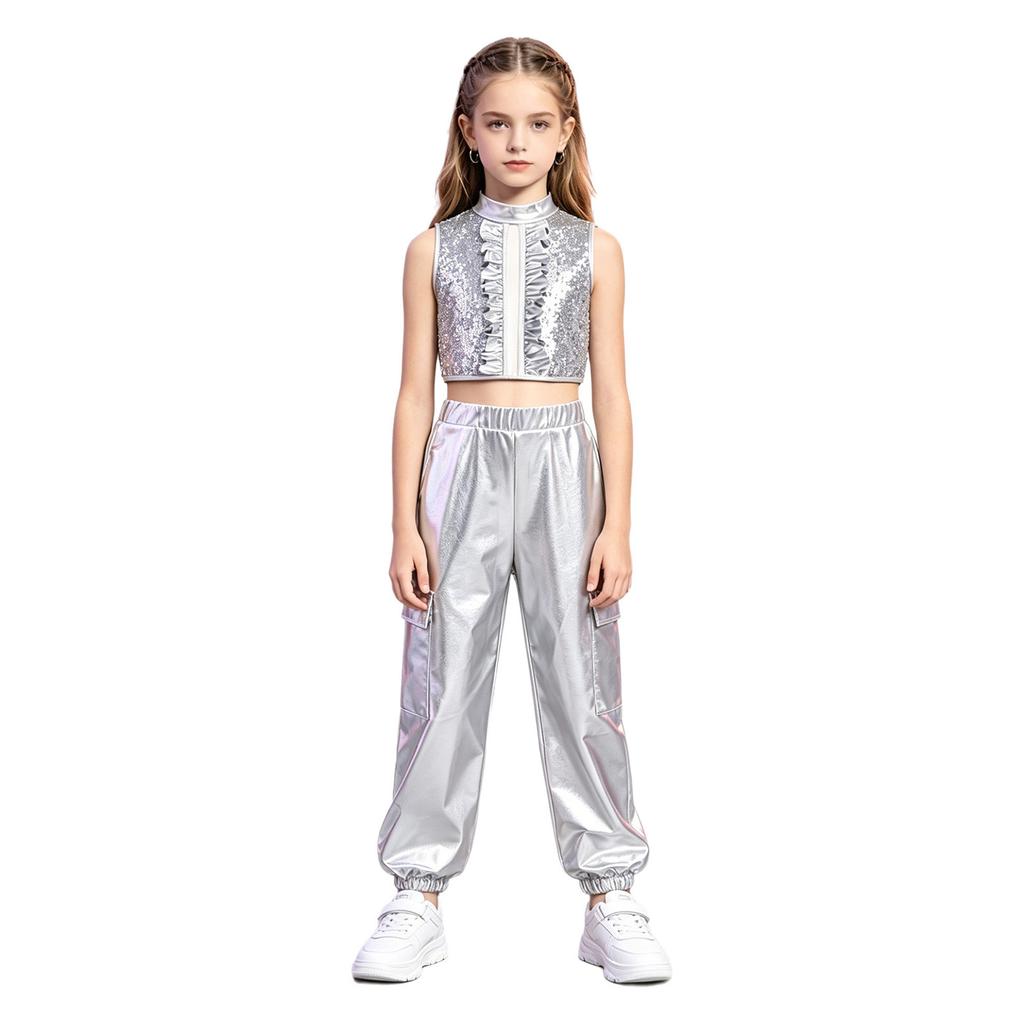 Mädchen Jazz Dance Crop Top Stehkragen Ärmellos Verdeckter Reißverschluss Hinten Pailletten Metallisches Patchwork Rüschen mit Glänzender Hose für Bühnenauftritt
