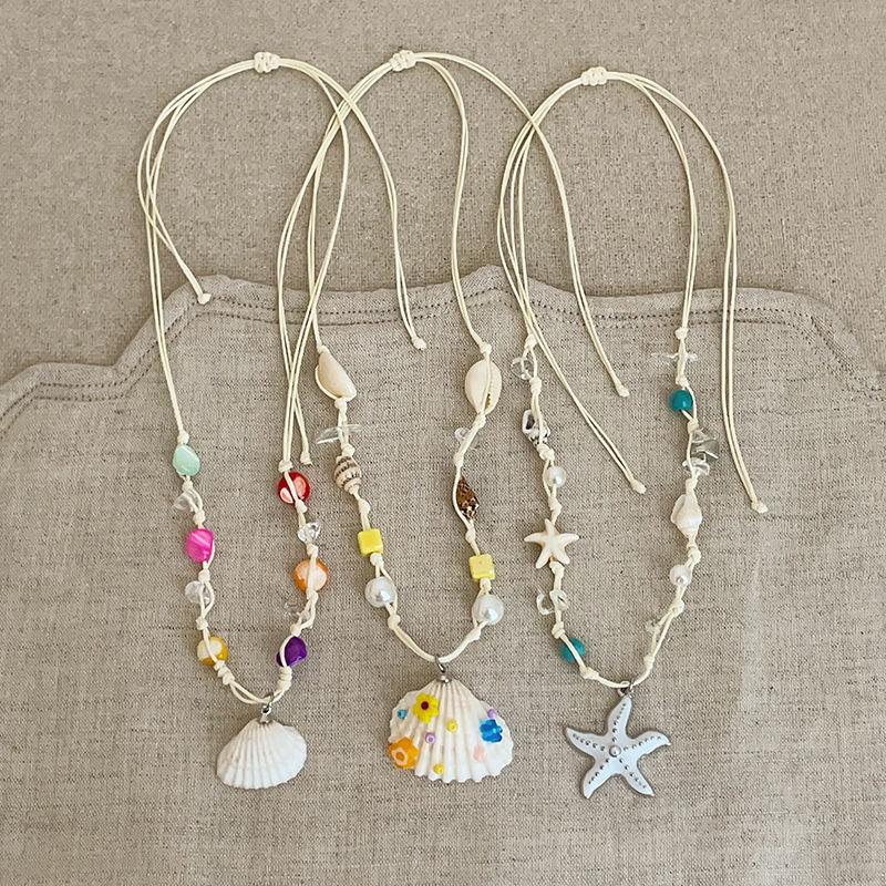 Wax rope starfish shell pearl necklace seaside vacation wind collarbone chain summer fresh and sweet high-end necklace women