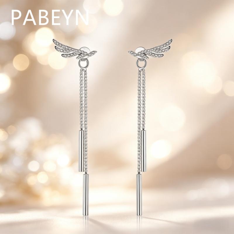925 Sterling Silver Stylish Sweet Angel Wings Zircon Tassel Column Earrings Birthday Party Anniversary Gift