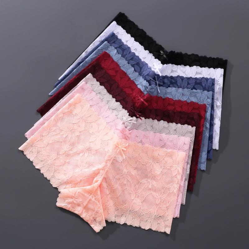 FINETOO 3Pcs Women's Sexy Lace Floral Perspective Boyshorts Solid Color Hollow Out Boxer Panties Female Breathable Transparent Lingerie