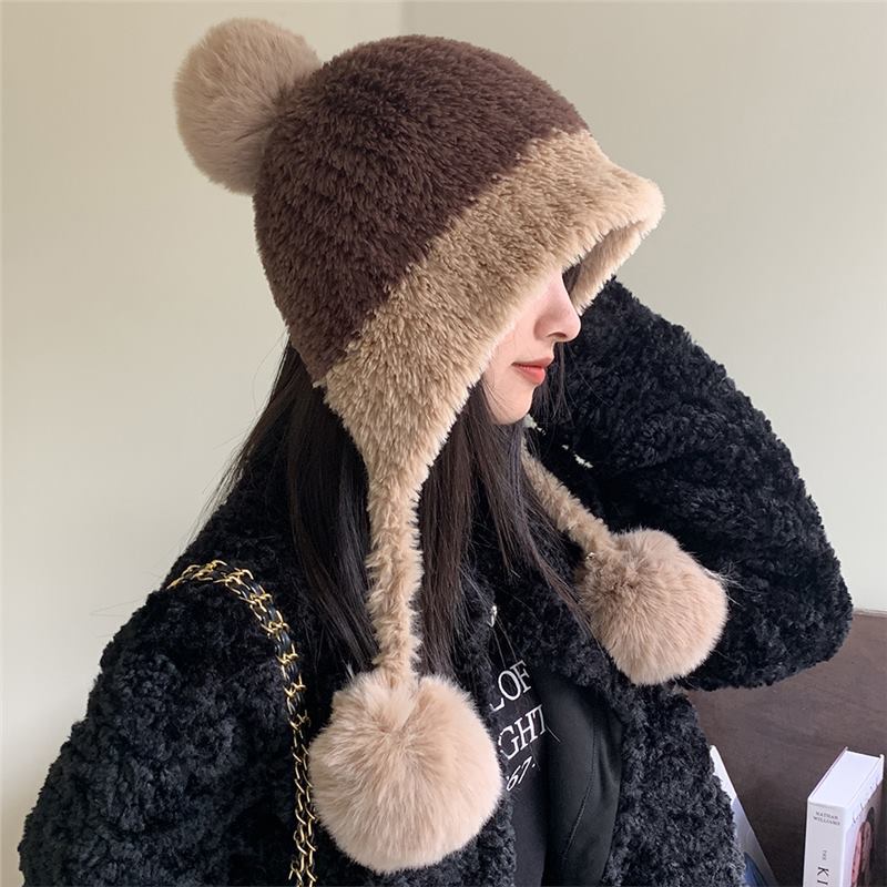 Plush Lei Feng Hat for Women In Autumn and Winter New Style Showing Face Small Plush Thickened Knitted Hanging Ball Wool Hat Warm and Ear Protection