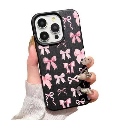 Soft TPU Leather Texture Slim Phone Case For iPhone 16 Pro Max 15 Pro 14 13 12 11 Pink Bowknot Pattern Shockproof Matte Bumper Cover