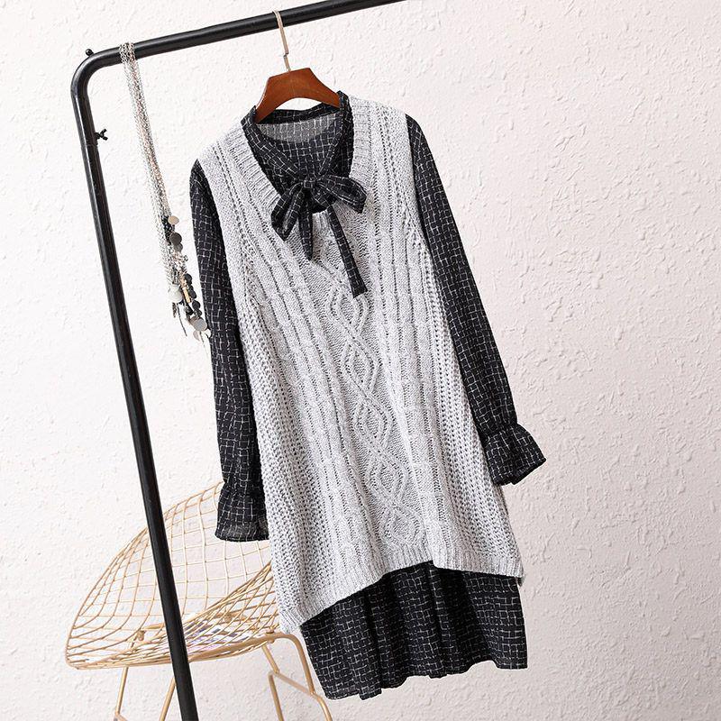 Women's V-Neck Sweater Vest & Knitted Top Set - Mid-Length, Thickened, Korean Style, Sleeveless for Autumn/Winter 2024