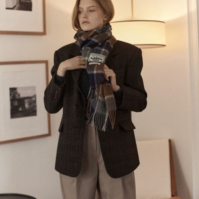 NONLOCAL Täglicher Wollschal mit Karomuster - Marineblaues Karomuster