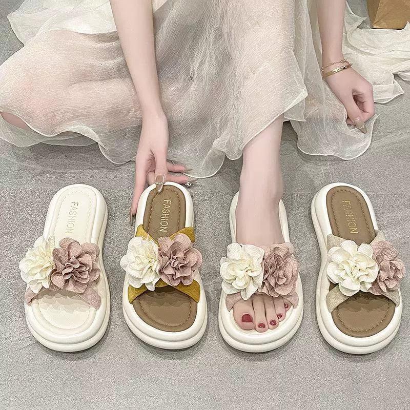 Height-increasing Thick-soled One-word Versatile Slippers for Women's Summer Wear 2025 New High-end Flower Beach Non-slip and Cool Slippers
