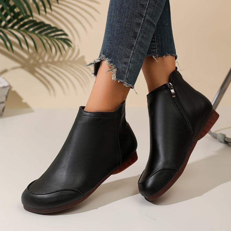 Women's Fashion Boots Round Toe Flat Sole Side Zipper Short Boots Classic Retro Comfortable Soft Sole Plus-size Women Shoes