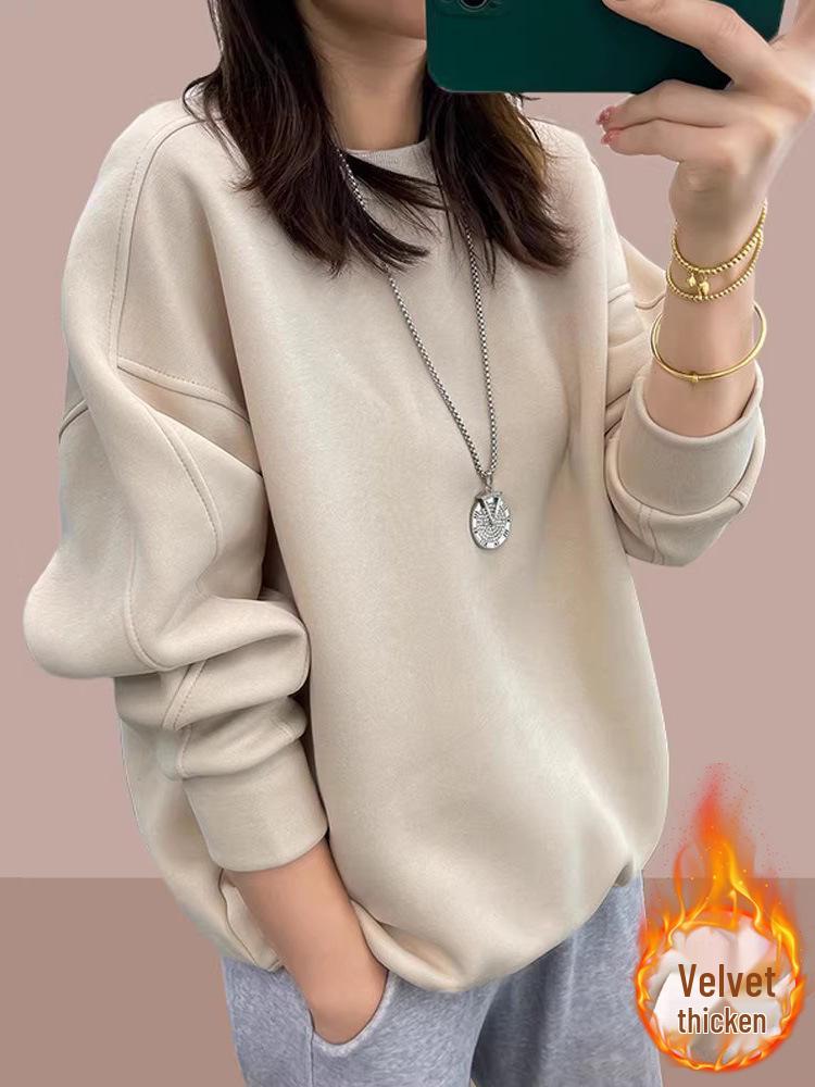 Women's Fleece-Lined Thickened Hoodie Pullover - Autumn/Winter 2025, Loose Fit, Age-Reducing, Plus Size, Round Neck Sweater