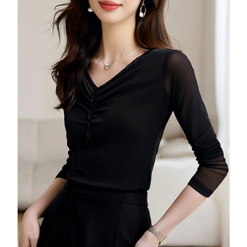 Mesh Long-sleeved T-shirt for Women Spring and Summer New V-neck Tassel Beaded Slim Dance Wear Top