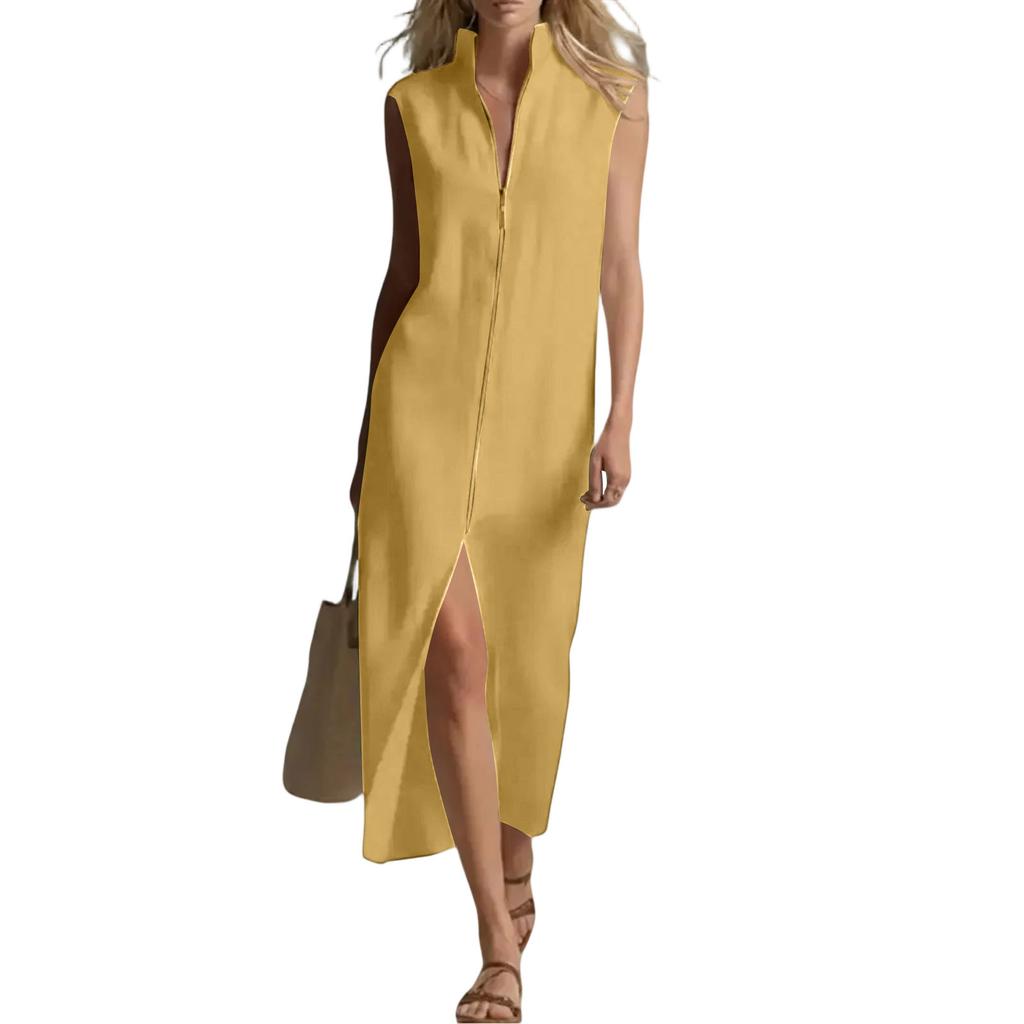 Women's Color Sleeveless Zipper Stand Up Collar Fashionable Slit Casual Dress