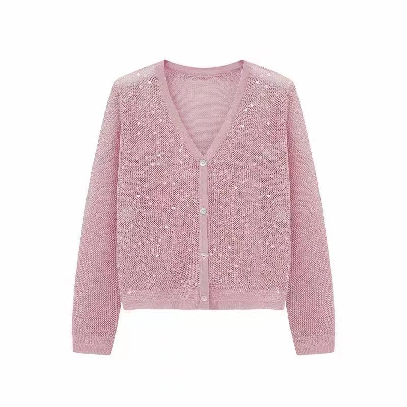 QICED Cardigan din tricot cu paiete, haină de vară, pentru femei, cu plasă scobită din tul, pentru protecție solară, pelerina de sus