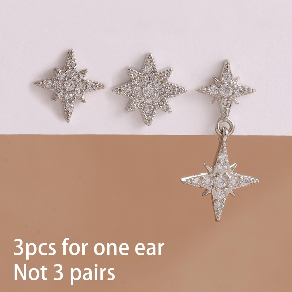 3PCS French Design Stainless Steel Zircon Star Stud Earrings Set For Women Helix Tragus Star Earring Cartilage Piercing Jewelry
