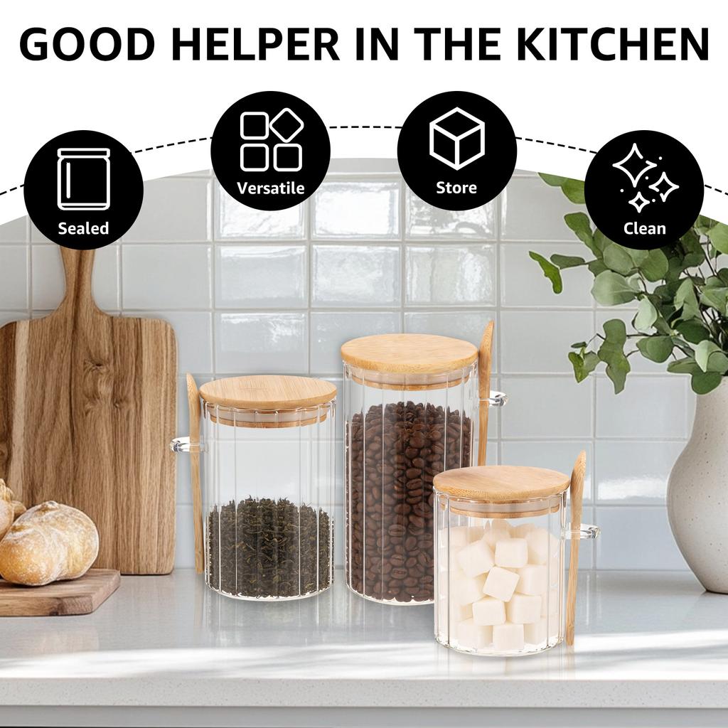 3Pcs Glass Jar with Spoon Airtight Glass Jars with Bamboo Lid Overnight Oat Container Transparent Glass Bulk Food Storage Jar