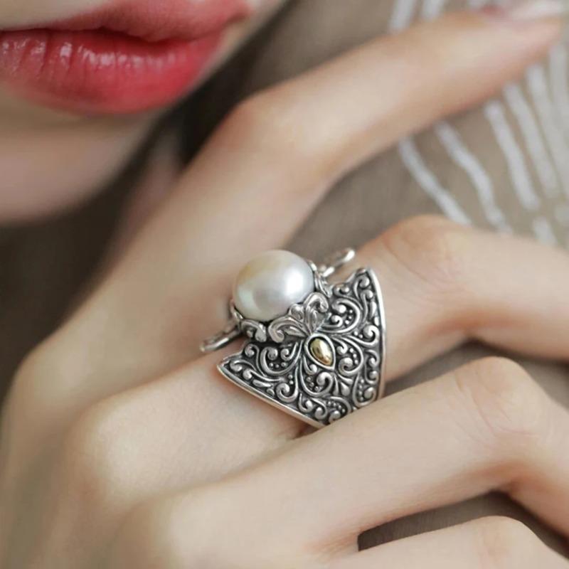 Vintage Copper Color Imitation Pearl Ring For Women Retro Carved Pattern Open Wide Band Ring Bohemian Gothic Statement Jewelry