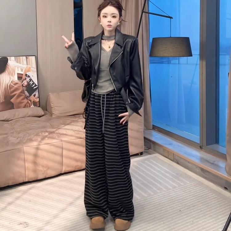 Women's Striped Wide-Leg High-Waisted Pants - Lazy Spring 2025 Korean Style Casual Trousers