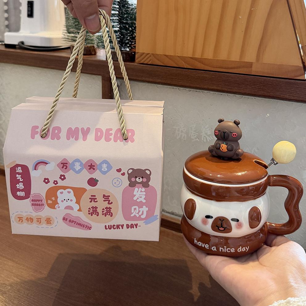 Cute Puppy Mug With Lid Spoon Wind Ceramic Cup Couple Water Cup Girls Household Breakfast Cup Children
