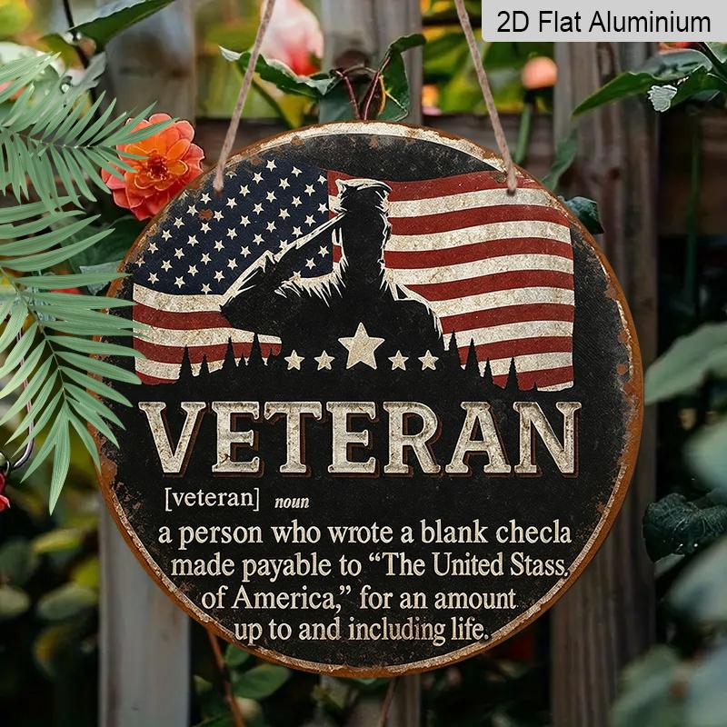 2D Flat, 1pc Round Aluminum Hanging Sign - "Veteran Definition" Patriotic Metal Wall Art, Vintage American Flag & Salute Silhouette Design, Perfect