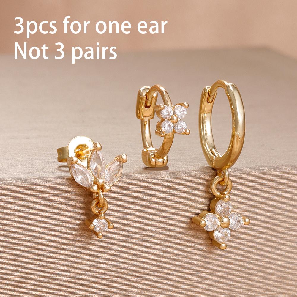 3 Pieces Stainless Steel Hoop Earrings Set For Women Crystal Zircon Huggie Flower Water Drop Trendy Earring Piercing Jewelry