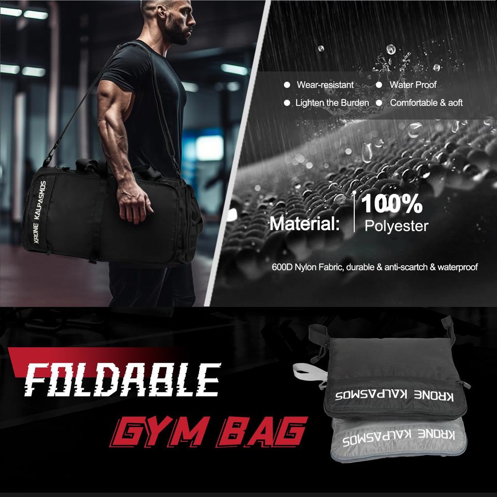 Krone Kalpasmos Foldable Gym Bag for Men, Waterproof, with Shoe Compartment, Small Boston Bag for Travel, Gym, Fishing, and Pool (Black)