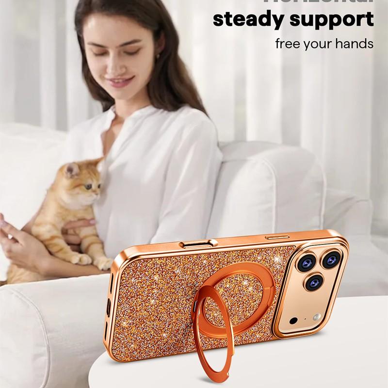 Magnetic Metal Bracket Shining Stand Case For iPhone 12 13 14 15 16 17 Pro Max Air Wireless Charging Luxury Metal Buttons Cover