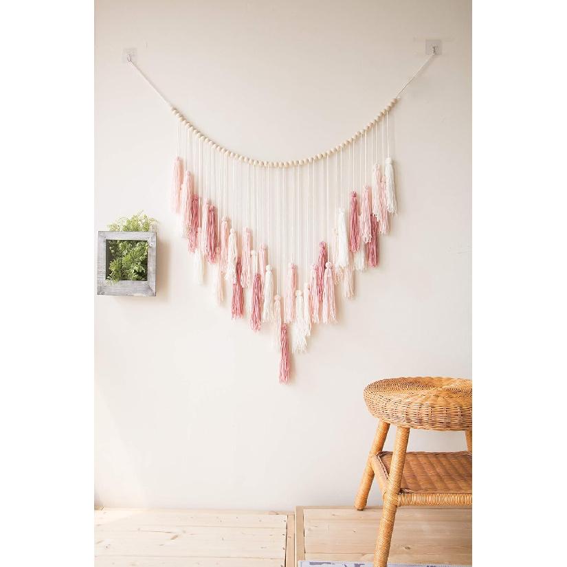 Decocove Macrame Wall Hanging - Large with Wood Beads Bohemian Decor for Bedroom, Living Room and Kitchen Warm Blush Pink 35'' X 36''