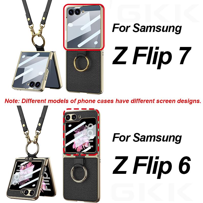 Luxury Plating Leather Strap Case for Samsung Galaxy Z Flip 7 6 Back Screen Glass Ring Holder Hard Cover for Galaxy Z Flip7 Case
