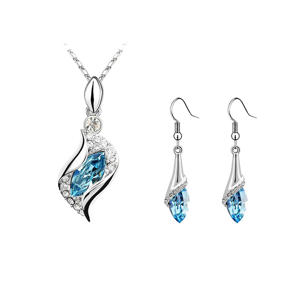 Boucles d'oreilles longues en forme de larme bleue, collier pendentif en cristal d'autriche à la mode