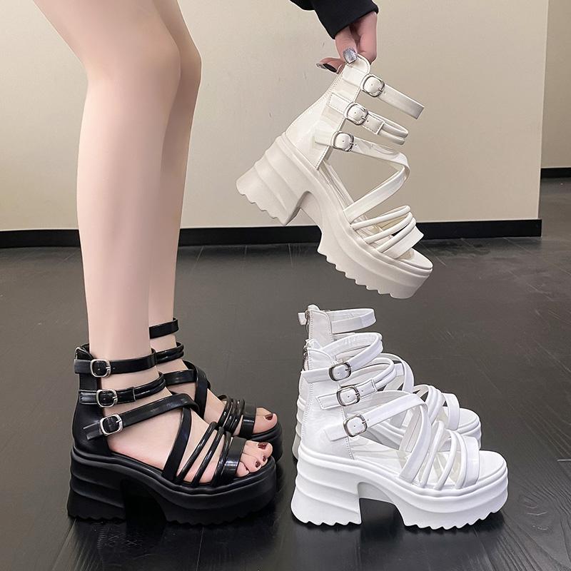 Fashion 9CM Women Leisure Chunky Platform Sandals Peep Toe High Heels Gladiator Goth Slippers Woman Trendy Summer Lace Beach Sandals