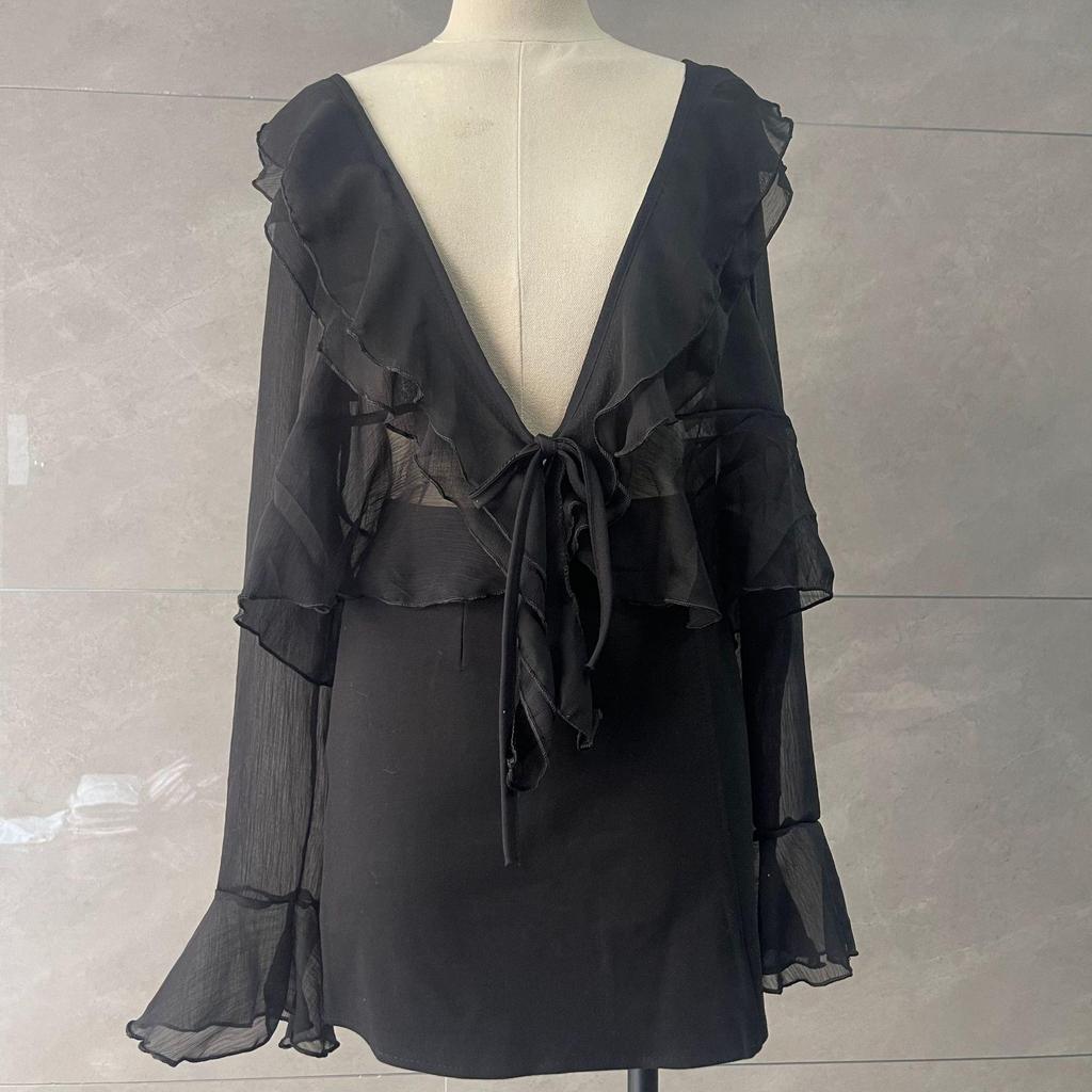 French V-Neck Ruffle Chiffon Blouse - Women's Summer Sun Protection Cardigan