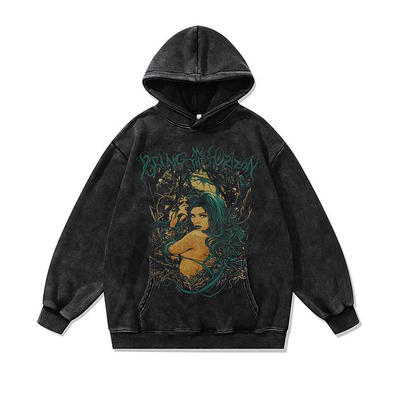Japanese Dark Cartoon Digital Direct Injection Printing Hoodie Retro 430G Pure Cotton Loose Wash Sweater Men