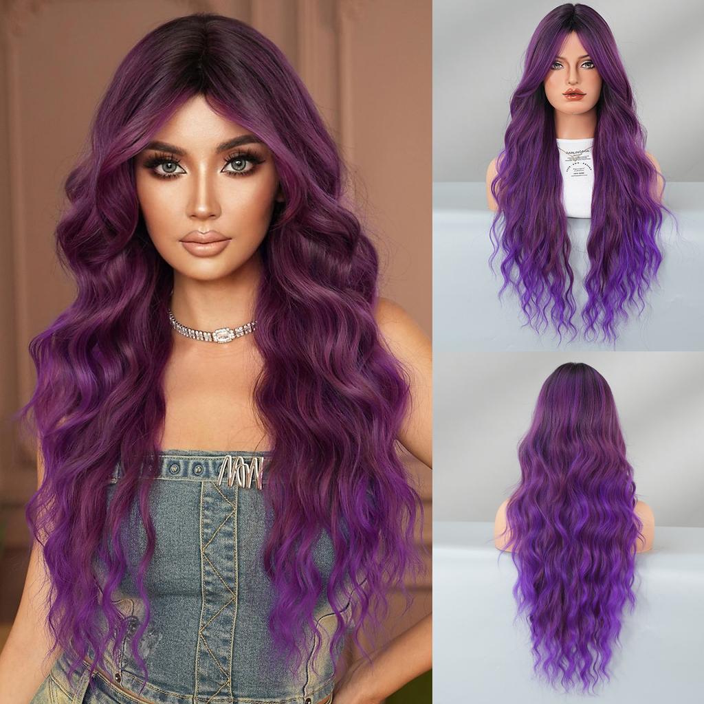 High Quality Eight Character Bangs Wig Women Long Curly Hair With Big Waves Internet Famous Silk Mist Gray Gradient Temperament Fluffy Full Head Cover