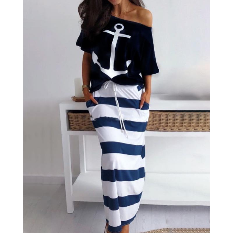Women's Loose Skirt Set 3/4 Sleeve Anchor Top Drawstring Waist Striped Midi Skirt Matching Suit