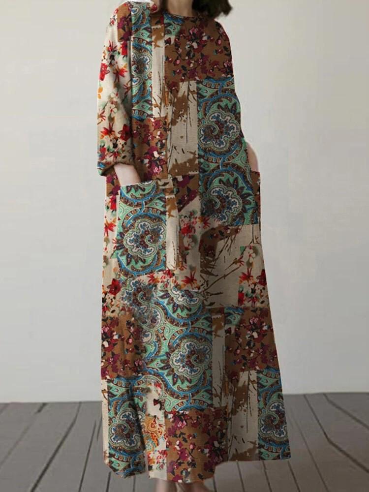 Rochie Pulover de Damă Mărimi Mari din Bumbac și In cu Imprimeu Retro 2023