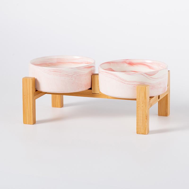 Ceramic Pet Food Bowl with Elevated Bamboo Stand - Anti-Tip Design for Dogs and Cats, Protects Cervical Spine
