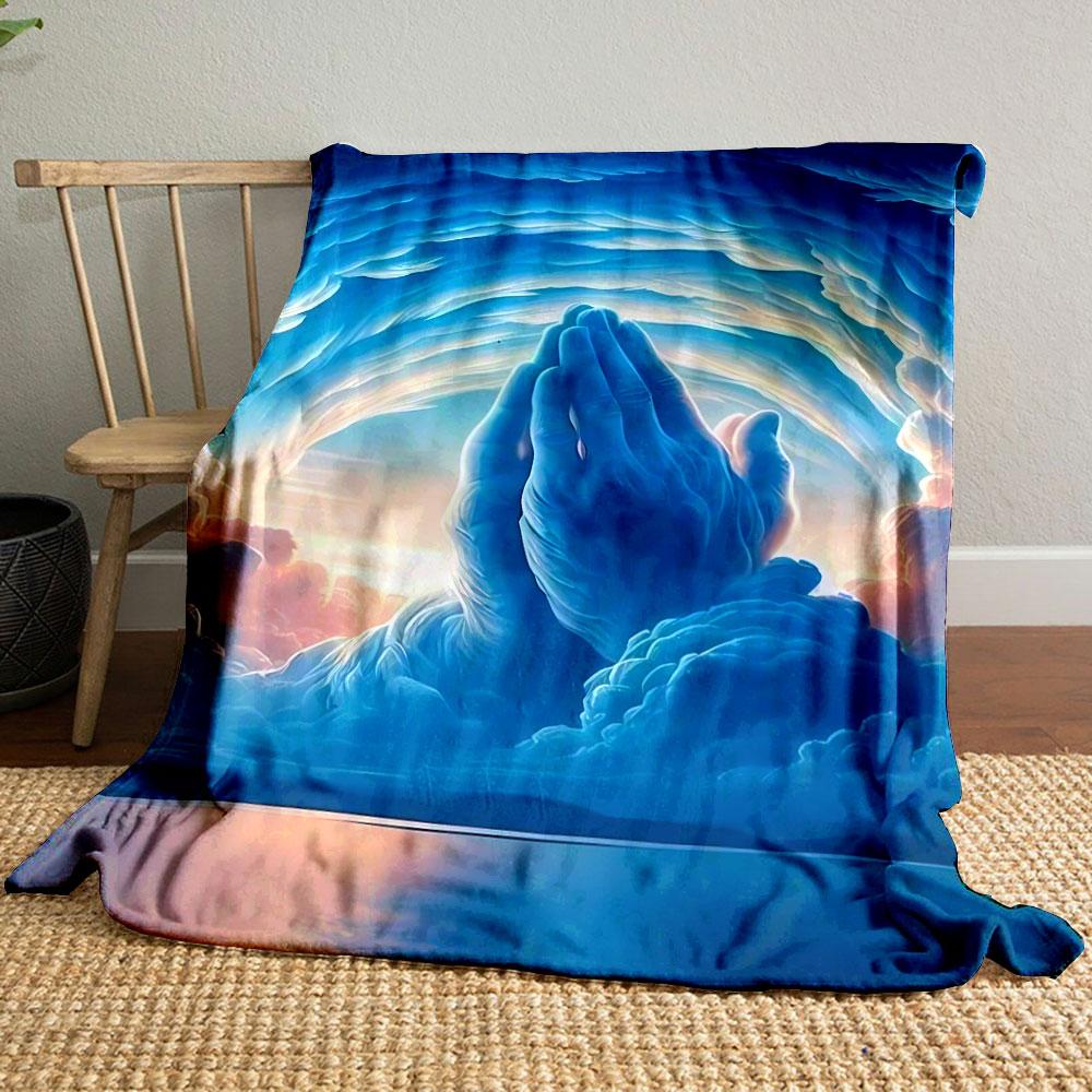 Praying Hands Cloudy Sky Blanket  Printed Blanket for Living Room Bed Couch Lunch Break Soft Cozy Blanket for Friend's Festival Gift