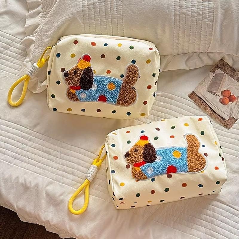 Cute Puppy Pattern Makeup Bag With Lanyard Colored Fots Canvas Cosmetic Storage Bag Women's Portable Travel Toiletry Bag Pen Bag