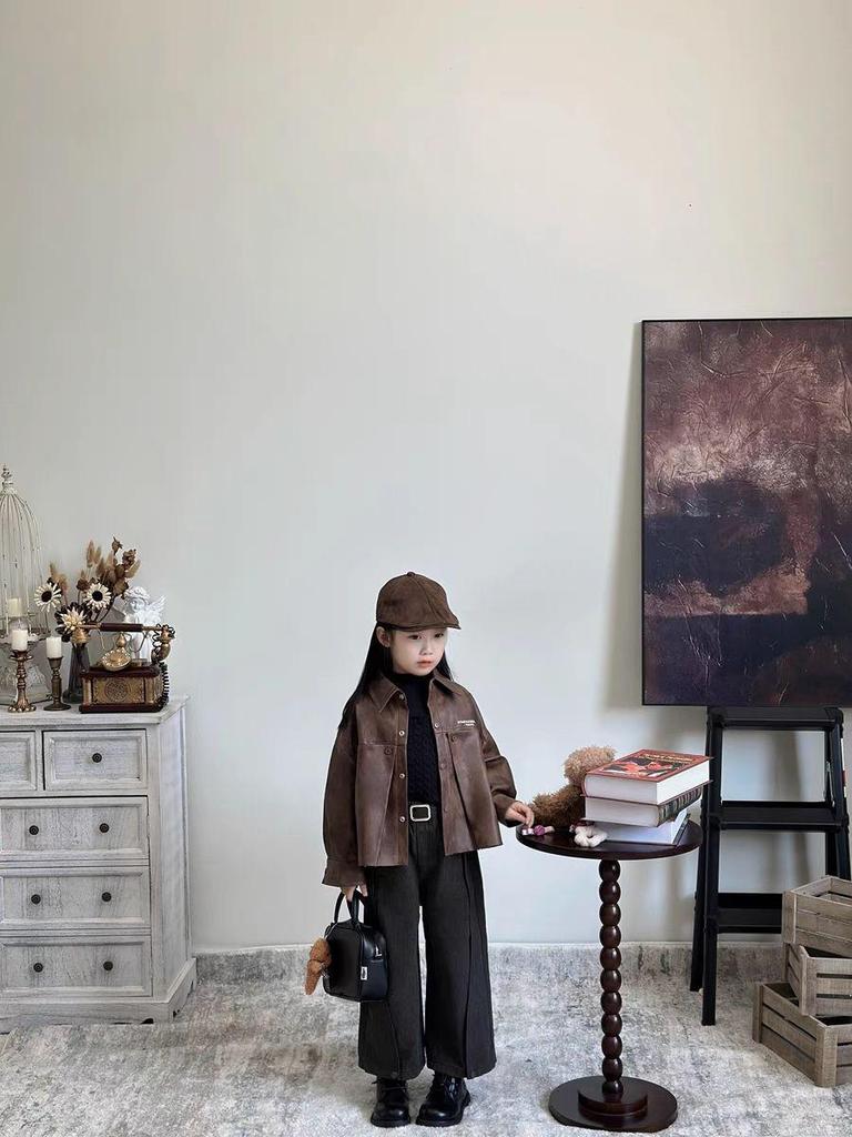 Girls' 2024 Autumn/Winter Sweet Retro Leather Jacket & Sweater Set with Wide-Leg Pants