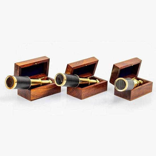 Miniature Handcrafted Brass Telescope – 15.24 Cm Handheld with Rosewood Box