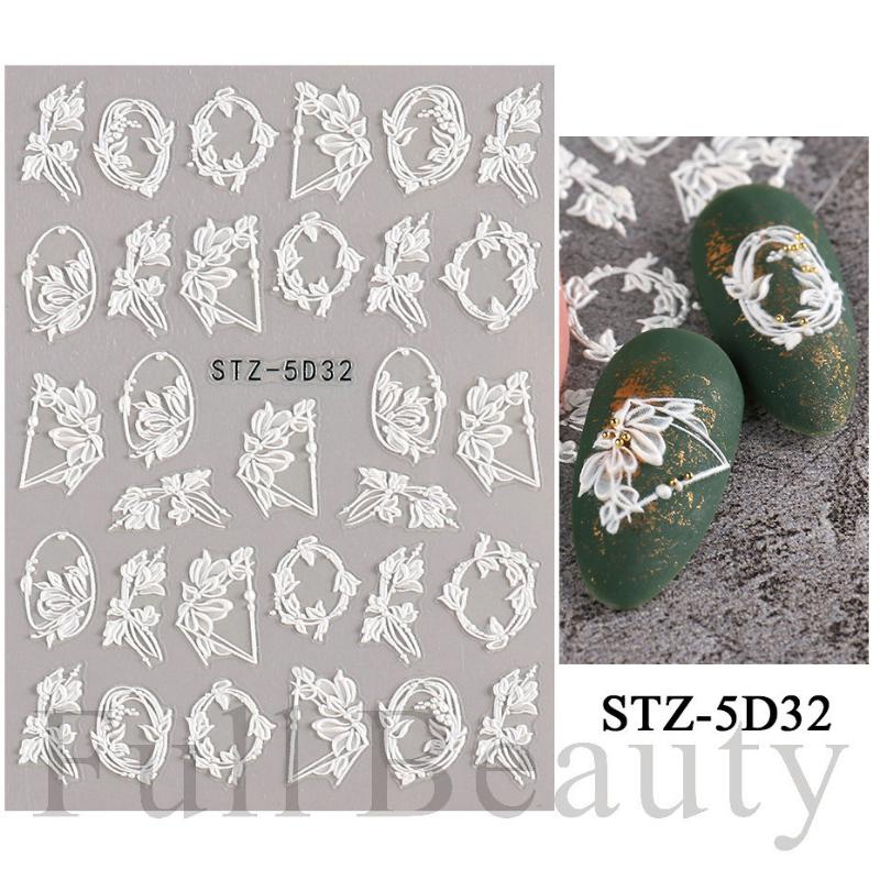 1 Sheet 5D Simple Flowers Nail Embossed Stickers Elegrant Wedding Design Adhesive Sliders Summer Textured Engraved Nail Decoration