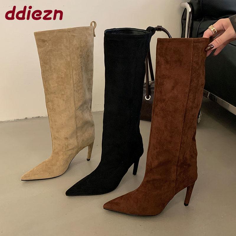 Móda Móda Tenké Podpatky Obuv Párty Dámské Nad Koleno Moderní Kozačky Dámské Špičaté Semišové Dámské Dlouhé Kozačky Nazouvací Boty Lodičky