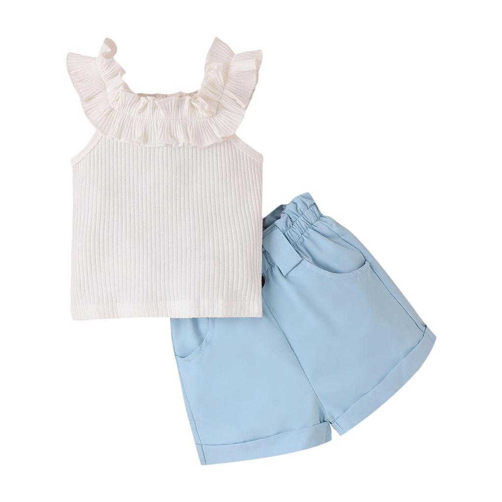 Toddler Girls Summer Outfit Sets White Sleeveless Ruffle Ribbed Tops + Solid Color Shorts