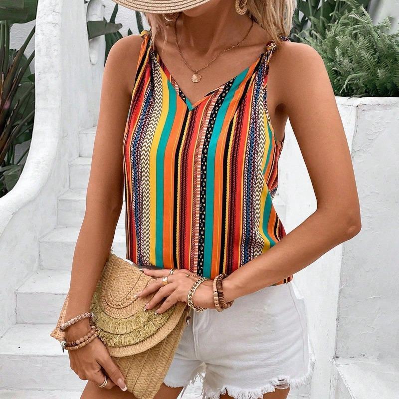 Women Boho Stripe Print V Neck Sleeveless Cami Top S
