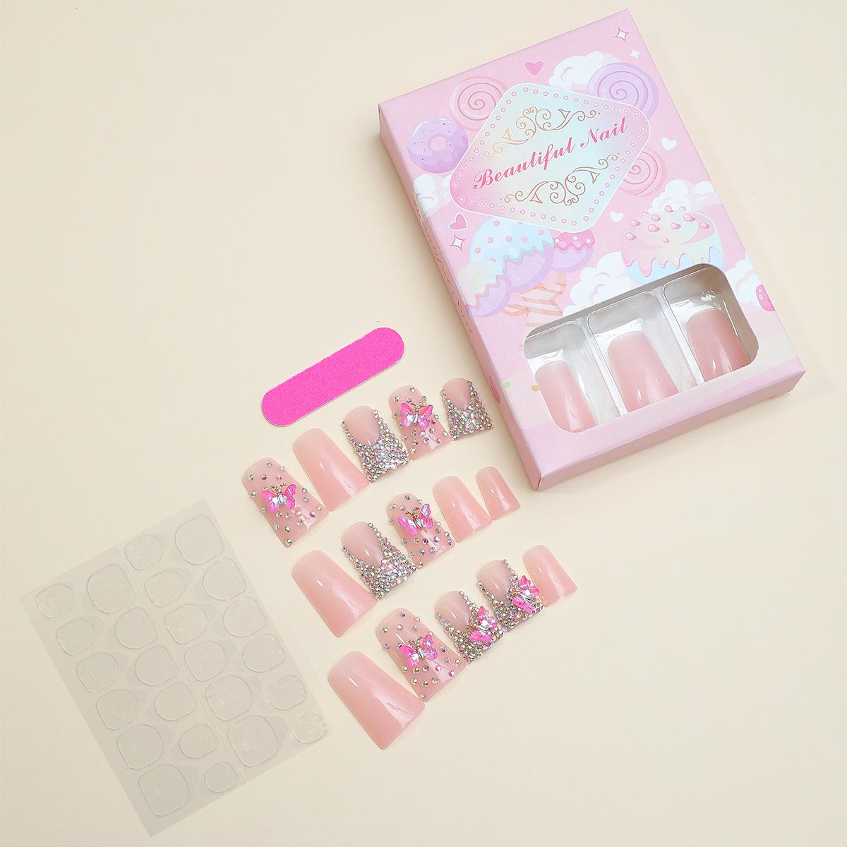 

Европейские и американские накладные ногти «Утиный клюв» с кристаллами и бабочками - Съемные кончики для французского маникюра