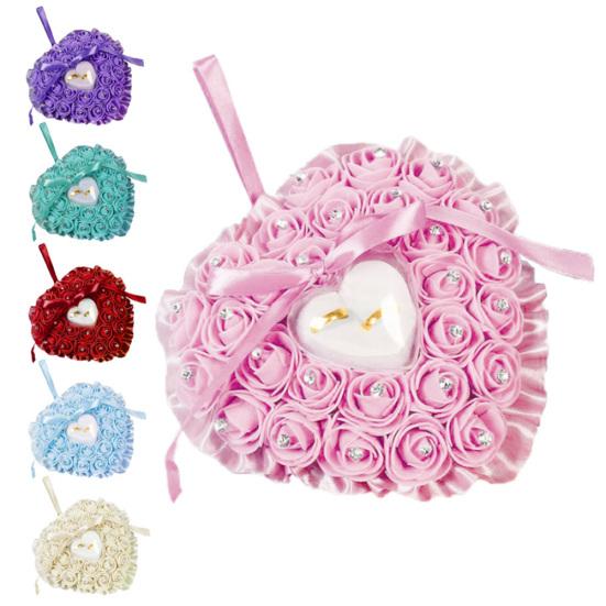 Boîte à bagues de mariage incrustée de Faux Rose en forme de cœur, support de rangement, coussin