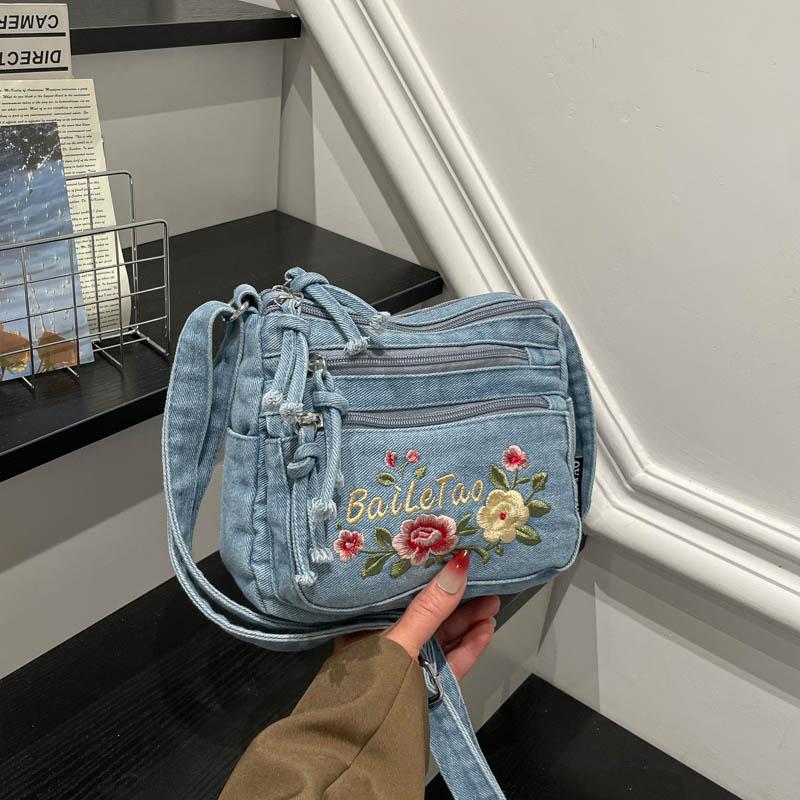 Borsa a Tracolla in Denim da Donna con Ricamo di Gattino Cartone Animato e Multi-scomparti