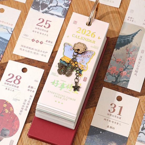 2026 Vintage European Style Oil Painting Flip Calendar January-December Desk Planner with Butterfly Pendant Desktop Monthly Organizer for Home Office